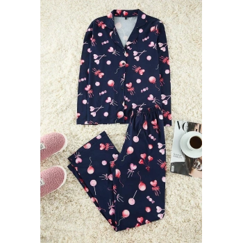 Kadın Moda Şık Gömlek Yaka Geniş Paça Uzun Kol %100 Pamuklu Kalpli Örme Pijama Takımı