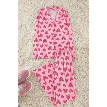 Kadın Geniş Paça Uzun Kol %100 Pamuklu Leopar Kalp Desenli Gömlek Pantolon Örme Pijama Takımı
