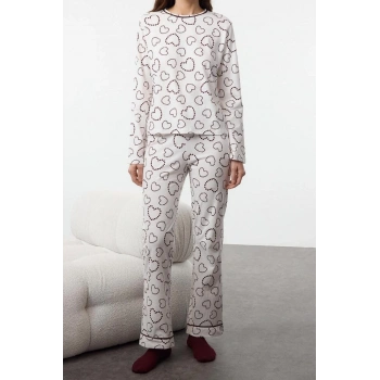 Kadın Moda Şık Bisiklet Yaka Geniş Paça Uzun Kol %100 Pamuklu Kalpli Biyeli Örme Pijama Takımı