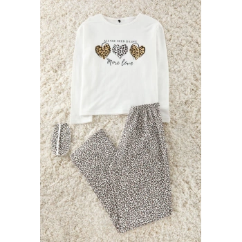 Kadın Boru Paça Uzun Kol Pamuklu Leopar Desenli Kalpli İç Polarlı Uyku Bantlı Pijama Takımı