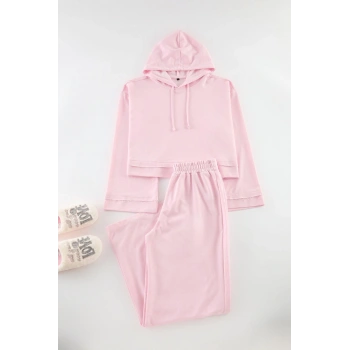 Kadın Moda Şık Kapüşonlu Geniş Paça Uzun Kol Geniş Kalıp Örme Pijama Takımı