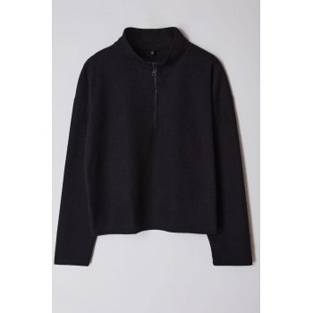 Kadın Büyük Beden Moda Şık Regular Dik Yaka Düşük Kol Crop Sweatshirt