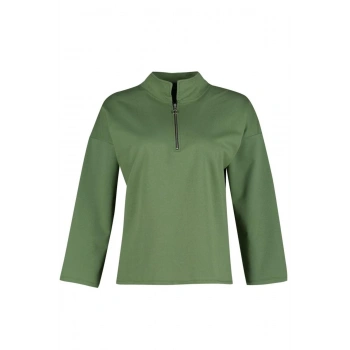 Kadın Büyük Beden Oversize Polo Yaka Düşük Kol Regular Fermuarlı Yüksek Yakalı İnce Örme Sweatshirt