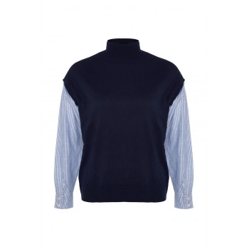 Kadın Moda Şık Büyük Beden Dik Yaka Standart Kol Regular Kolları Çizgili Dokuma Mixli Triko Kazak