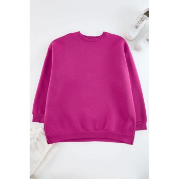 Kadın Büyük Beden Oversize Bisiklet Yaka Standart Kol Kalın İçi Polarlı Yırtmaçlı Örme Sweatshirt