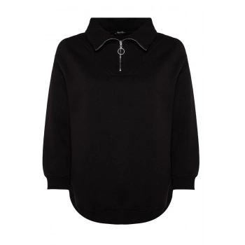 Kadın Büyük Beden Oversize Fermuarlı Yaka Düşük Kol Uzun Kalın İçi Polarlı Fermuarlı Örme Sweatshirt