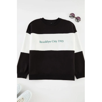 Kadın Büyük Beden Oversize Bisiklet Yaka Düşük Kol Kalın İçi Polarlı Nakış Detaylı Örme Sweatshirt