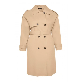 Kadın Büyük Beden Moda Şık Oversize Ceket Yaka Uzun Düz Astarlı Kemerli Gabardin Mevsimlik Trençkot