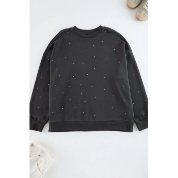 Kadın Büyük Beden Moda Oversize Bisiklet Yaka Düşük Kol Regular Kalın Zımba Detaylı Örme Sweatshirt