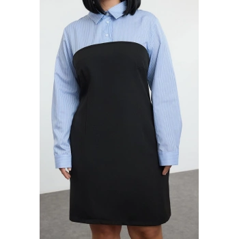 Kadın Büyük Beden Mini Boy Fitted Siyah Bodycone Straplez Dokuma Büyük Beden Çizgili Gömlek Elbise