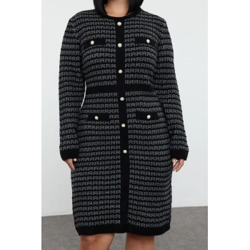 Kadın Moda Şık Büyük Beden Mini Boy Bisiklet Yaka Fitted Desenli Düğmeli Triko Elbise