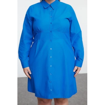 Kadın Moda Büyük Beden Mini Boy Bisiklet Yaka Fitted İç Göstermeyen Dokuma Büyük Beden Gömlek Elbise