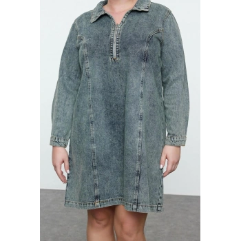 Kadın Moda Şık Büyük Beden Mini Boy Gömlek Yaka Denim Rigid Büyük Beden Elbise