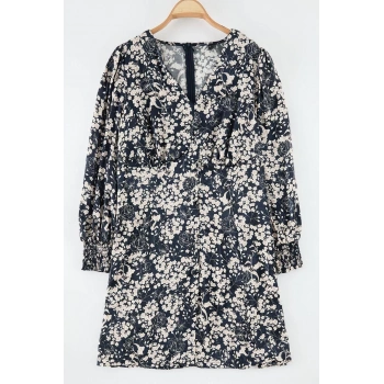 Kadın Moda Şık Büyük Beden Mini Boy Kruvaze Relaxed Çiçekli V Yaka Dokuma Büyük Beden Elbise