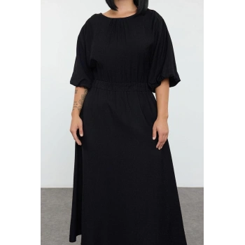 Kadın Moda Şık Büyük Beden Midi Boy Bisiklet Yaka Relaxed Dokulu Balon Kol Dokuma Büyük Beden Elbise