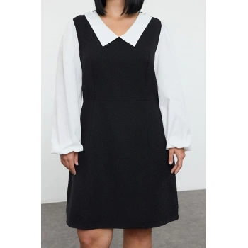 Kadın Moda Şık Büyük Beden Midi Boy Gömlek Yaka Relaxed Tüvit Dokuma Büyük Beden Elbise