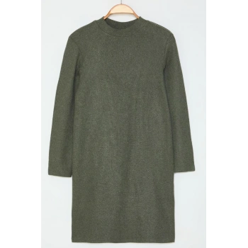 Kadın Büyük Beden Mini Boy Bisiklet Yaka Fitted Vücuda Oturan Fitili Kışlık Örme Büyük Beden Elbise