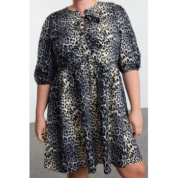 Kadın Büyük Beden Mini Boy Relaxed Fiyonklu %100 Pamuk Leopar Desenli Dokuma Büyük Beden Elbise