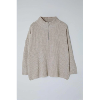 Kadın Moda Şık Büyük Beden Dik Yaka Düşük Kol Regular Fermuarlı Yaka Triko Kazak