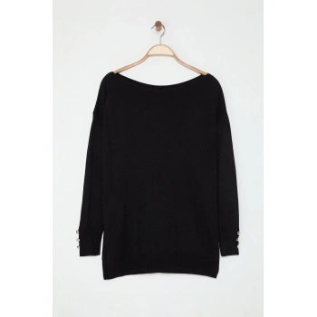 Kadın Moda Şık Büyük Beden Kayık Yaka Standart Kol Regular Kolları Düğmeli Triko Kazak