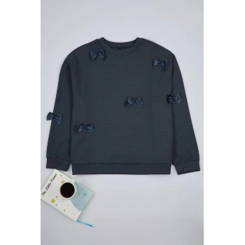 Kadın Büyük Beden Oversize Bisiklet Yaka Standart Kol Gri Kurdele Detaylı Modal Örme Sweatshirt