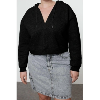 Kadın Büyük Beden Moda Şık Relaxed Kapüşonlu Düşük Kol Crop Basic Crop Örme Sweatshirt