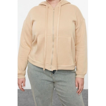 Kadın Büyük Beden Oversize Kapüşonlu Düşük Kol Regular İçi Polarlı Önü Fermuarlı Örme Sweatshirt