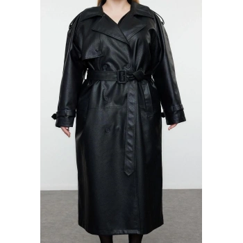 Kadın Büyük Beden Moda Şık Oversize Ceket Yaka Uzun Düz Astarlı Fit Maxi Boy Suni Deri Trençkot