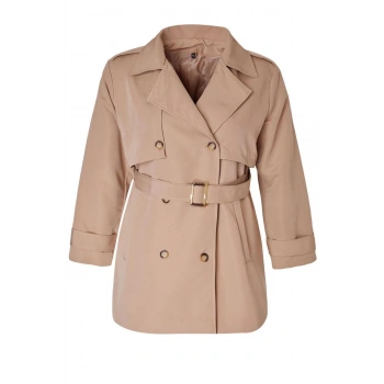 Kadın Büyük Beden Moda Şık Regular Ceket Yaka Midi Düz Astarlı Fit Kemerli Teknik Kumaş Trençkot