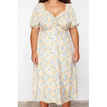 Kadın Moda Şık Büyük Beden Midi Boy Kalp Yaka Relaxed Çiçek Desenli Dokuma Elbise