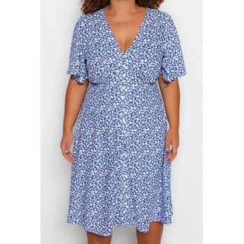 Kadın Moda Şık Büyük Beden Midi Boy V Yaka Relaxed Çiçekli Dokuma Elbise