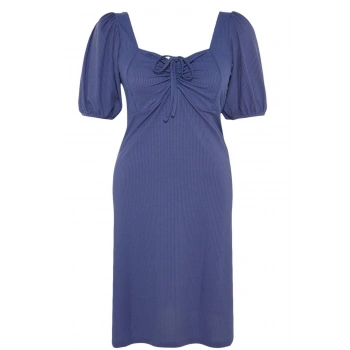 Kadın Moda Şık Büyük Beden Midi Boy Kalp Yaka Relaxed Örme Elbise