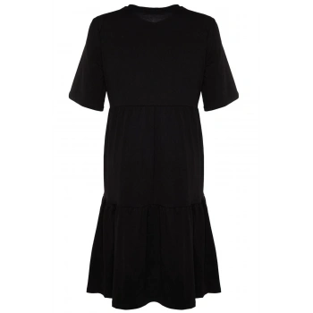 Kadın Moda Şık Büyük Beden Midi Boy Bisiklet Yaka Relaxed Volanlı %100 Pamuk Örme Elbise