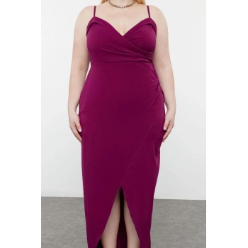 Kadın Büyük Beden Maxi Boy Kruvaze Yaka Yırtmaçlı Uzun Astarlı Abiye Gece Mezuniyet Nişan Elbise