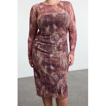 Kadın Moda Şık Büyük Beden Midi Boy Bisiklet Yaka Fitted Tül Örme Büyük Beden Elbise