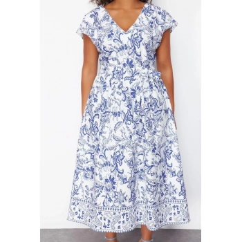 Kadın Moda Şık Büyük Beden Maxi Boy V Yaka Relaxed Derin Dokuma Elbise