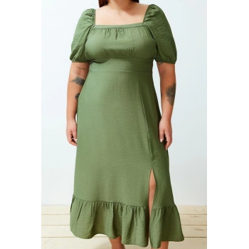 Kadın Moda Şık Büyük Beden Maxi Boy Kare Yaka Relaxed Balon Kol Dokuma Elbise