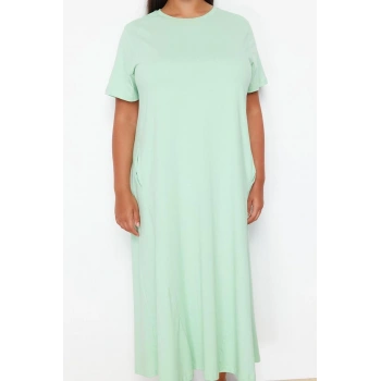 Kadın Moda Şık Büyük Beden Midi Boy Bisiklet Yaka Relaxed Örme T-shirt Elbise