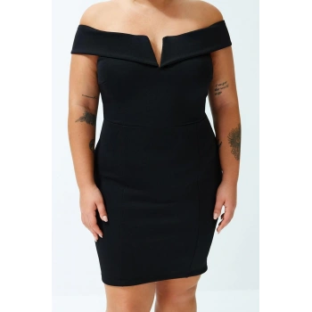 Kadın Moda Şık Büyük Beden Mini Boy V Yaka Fitted Çift Kat Yaka Detaylı Örme Elbise