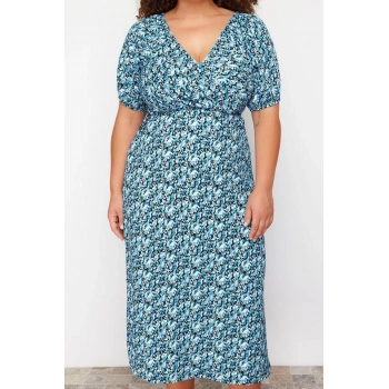 Kadın Moda Şık Büyük Beden Midi Boy Kruvaze Relaxed Çiçekli Örme Elbise