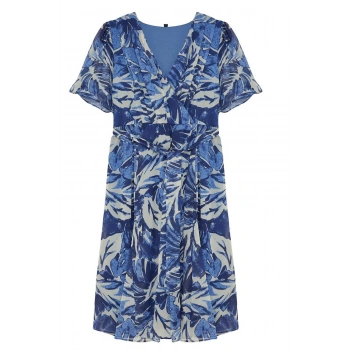 Kadın Moda Şık Büyük Beden Maxi Boy Kruvaze Relaxed Tropik Yaprak Desenli Şifon Dokuma Elbise