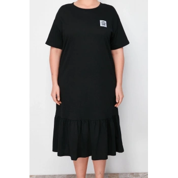 Kadın Büyük Beden Midi Boy Relaxed Büzgü ve Etiket Detaylı %100 Pamuk Örme T-shirt Elbise