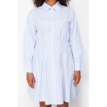 Kadın Moda Şık Büyük Beden Midi Boy Gömlek Yaka Fitted Poplin Dokuma Büyük Beden Elbise