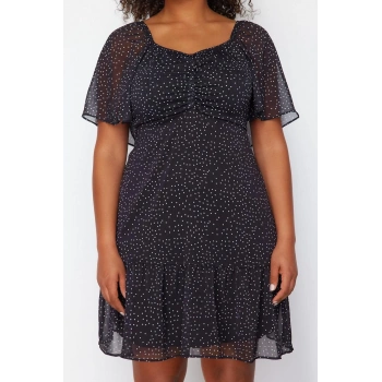 Kadın Büyük Beden Midi Boy V Yaka Siyah Puantiyeli Lastik Belli Dokuma Şifon Astarlı Elbise