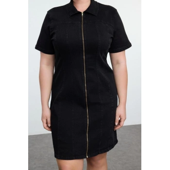Kadın Moda Şık Büyük Beden Mini Boy Gömlek Yaka Fitted Comfort Denim Büyük Beden Elbise