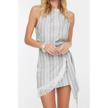 Kadın Moda Şık Geniş Paça Kısa Boy Uzun Kollu Çizgili Dokuma Püsküllü Bluz Etek Takım