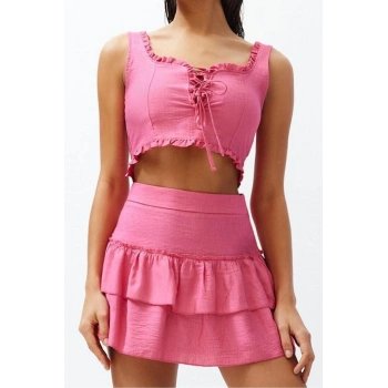 Kadın Moda Şık Geniş Paça Regular Boy Uzun Kollu Fuşya Dokuma Fırfırlı Bluz Etek Takım