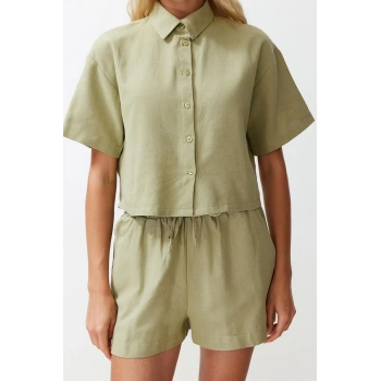 Kadın Moda Şık Regular Kısa Boy Uzun Kollu Dokuma Keten Görünümlü Gömlek Şort Takım