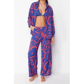 Kadın Moda Şık Regular Uzun Boy Uzun Kollu Soyut Desenli Dokuma Gömlek Pantolon Takım