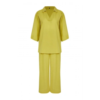 Kadın Moda Şık Regular Uzun Boy Uzun Kollu Yeşil Dokuma %100 Pamuklu Bluz Pantolon Takım